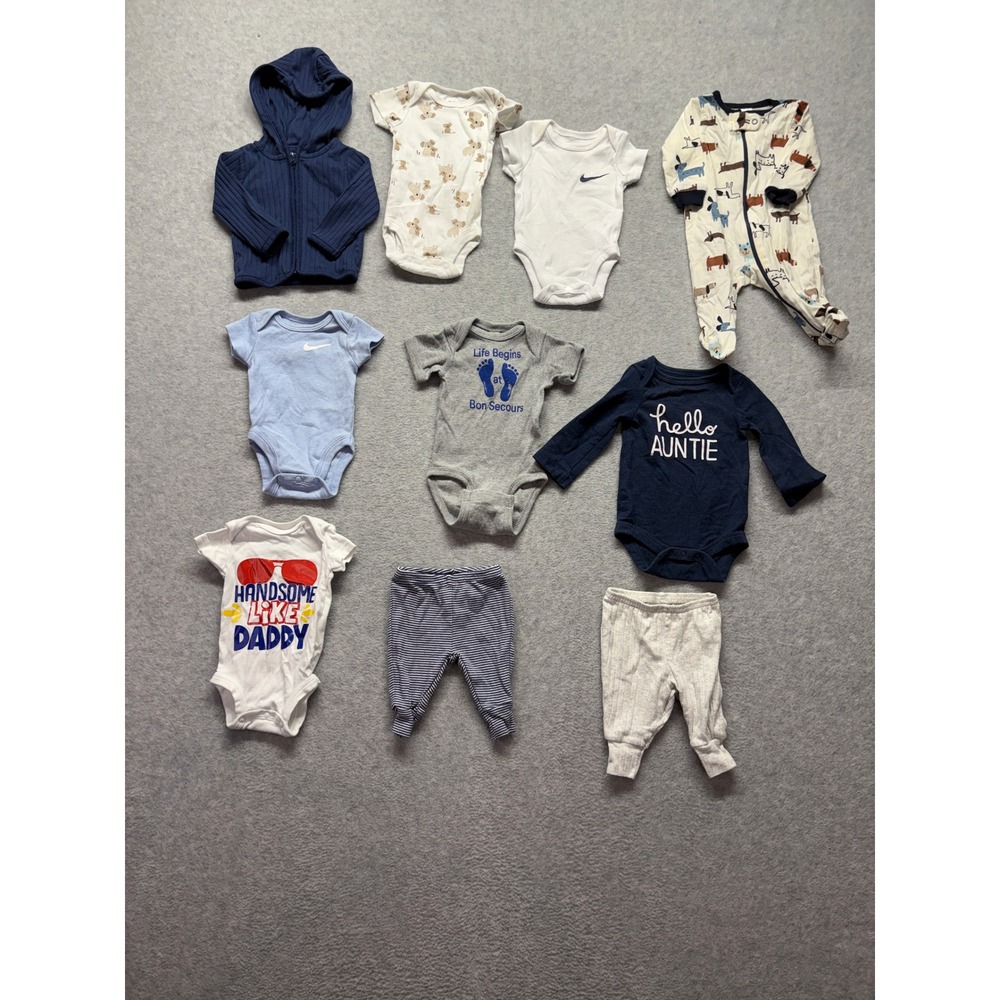 Nike Carter's Baby Boy Newborn Lot 10pc Bodysuits Pants Hoodie Sleeper Blue